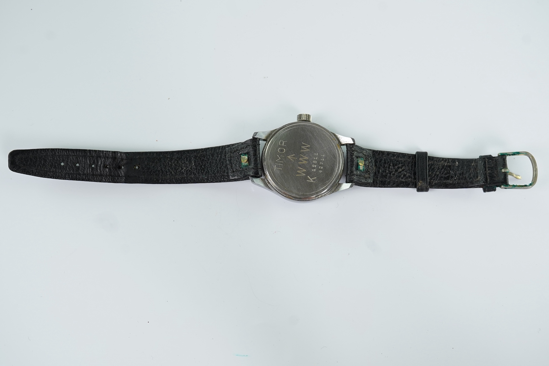 A gentleman's steel Timor WWW British Military 'Dirty Dozen' manual wind wrist watch, circa 1945